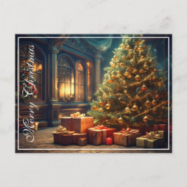 Postal Festiva Motivo navideño con regalos bajo el árbol de Navid