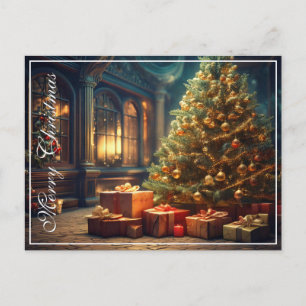 Postal Festiva Motivo navideño con regalos bajo el árbol de Navid