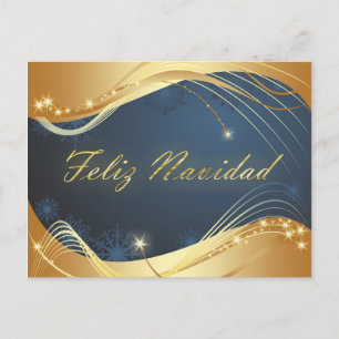 Postal Festiva Motivo navideño dorado con fondo azul...