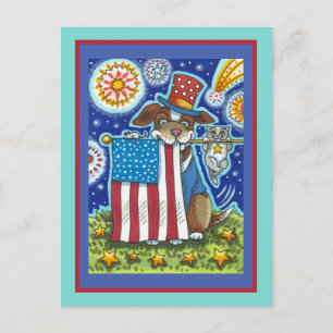 POSTAL FESTIVA MOUSE CAT DE PERRO PATRIOTA MASCOTA DE BANDERA, CU