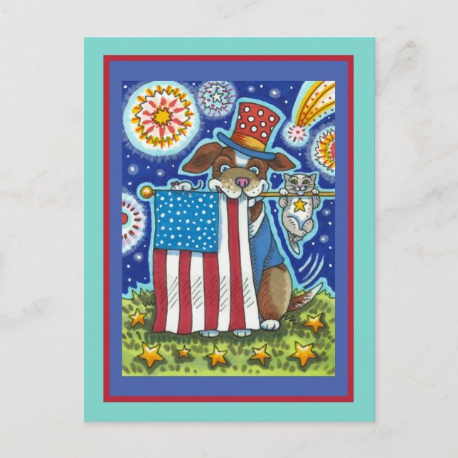POSTAL FESTIVA MOUSE CAT DE PERRO PATRIOTA MASCOTA DE BANDERA, CU (Anverso)