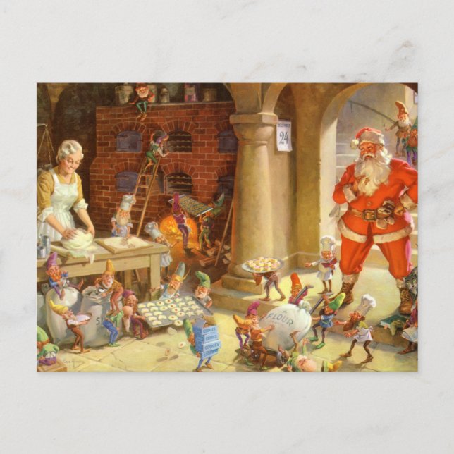 Postal Festiva Mrs. Claus & Santas Elves baking Christmas Cookies (Anverso)