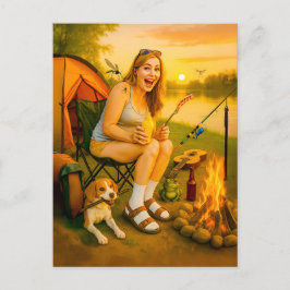 Postal Festiva Mujer acampada con perro y carpa