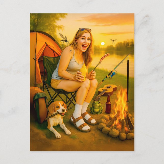 Postal Festiva Mujer acampada con perro y carpa (Anverso)