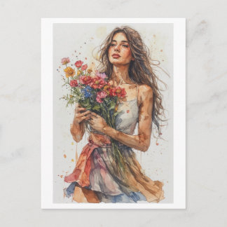 Postal Festiva Mujer acuarela llevando flores en una