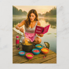Postal Festiva Mujer cocinando Purpurina cebo para frijol en el m