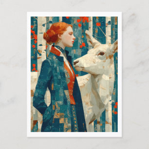 Postal Festiva Mujer con cabello rojo, bosque de abedules otoñal,