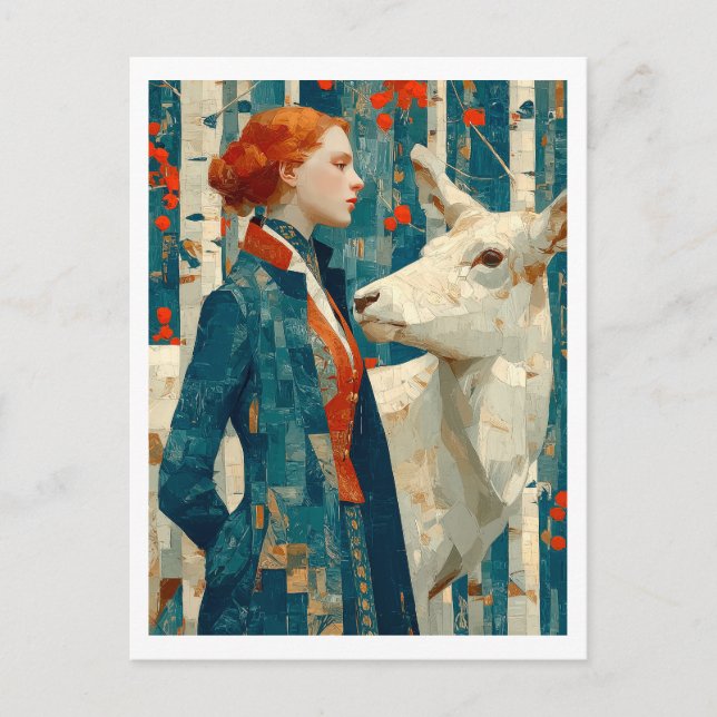 Postal Festiva Mujer con cabello rojo, bosque de abedules otoñal, (Anverso)