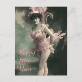 Postal Festiva Mujer con traje de pájaro rosado Año Nuevo