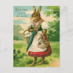 Postal Festiva Mujer Conejo de Pascua Canasta Huevo de Colores