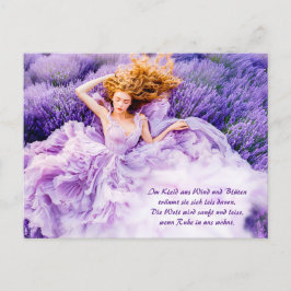 Postal Festiva Mujer descansando en un traje de lavanda flotante