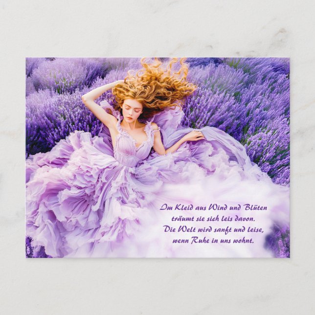 Postal Festiva Mujer descansando en un traje de lavanda flotante (Anverso)