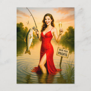 Postal Festiva Mujer elegante con vestido rojo sosteniendo peces 