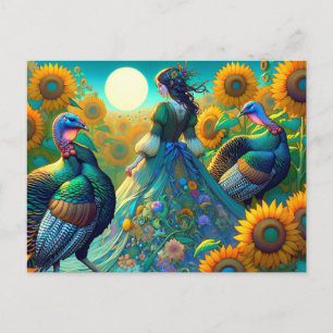 Postal Festiva Mujer Elegante, Pavo y Girasoles