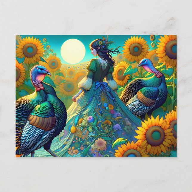 Postal Festiva Mujer elegante, Turquía y girasoles