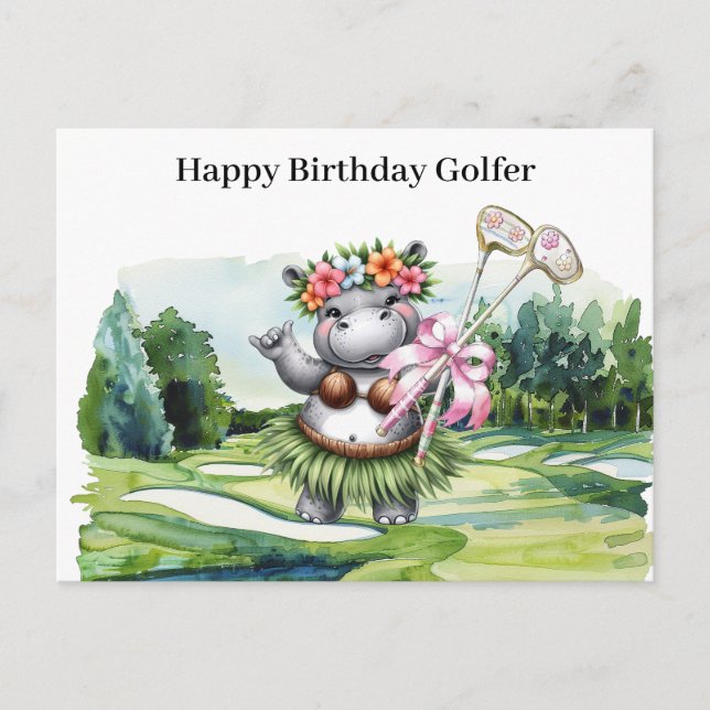 Postal Festiva Mujer golf jugando golf Cumpleaños Hawaii Golfer (Anverso)