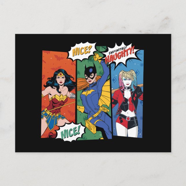 Postal Festiva Mujer Maravilla, Batgirl y Harley Quinn Holiday (Anverso)