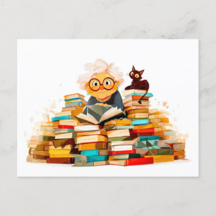 Postal Festiva Mujer mayor leyendo libros con alegres expresivos
