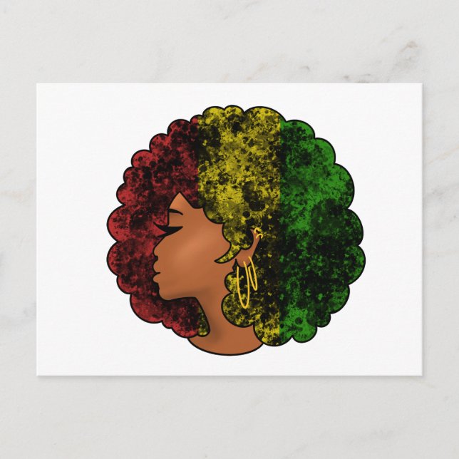 Postal Festiva Mujer negra rasta afro rojo amarillo verde  (Anverso)