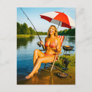 Postal Festiva Mujer pescando bajo parasol mientras come helado