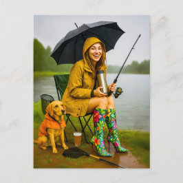 Postal Festiva Mujer pescando en un abrigo de lluvia y botes eleg