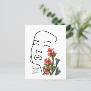 Postal Festiva Mujer retro floral cara una línea flor de dibujo T