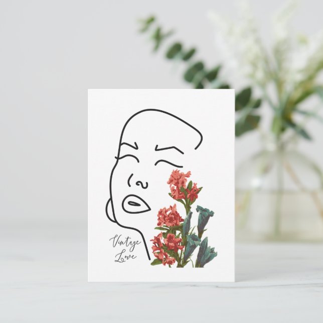 Postal Festiva Mujer retro floral cara una línea flor de dibujo T (Anverso de pie)