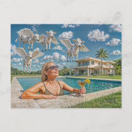 Postal Festiva Mujer Rica Observa Vacas Voladoras desde la Piscin