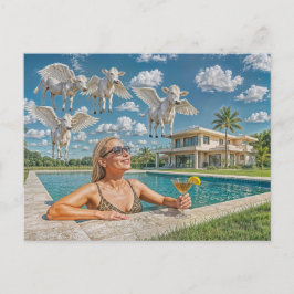Postal Festiva Mujer rica ve vacas voladoras desde el estanque