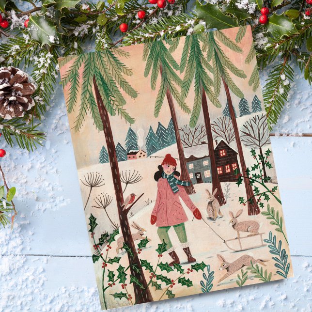Postal Festiva Mujer rosa y pueblo de nieve de conejo (Cute pink woman & rabbit snow village holiday postcard)