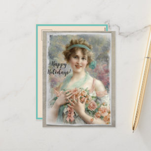 Postal Festiva Mujer victoriana con Rosas sobre fondo acuático