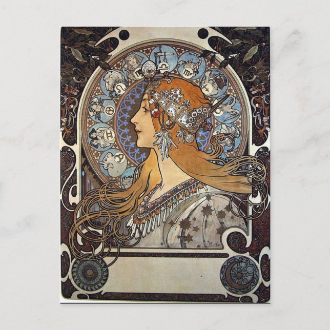 Postal Festiva Mujer zodiac de Alphonse Mucha - Art Nouveau (Anverso)