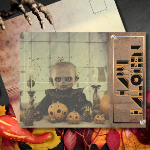 Postal Festiva Muñeca espeluznante Halloween espeluznante
