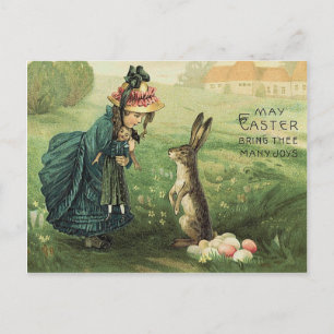 Postal Festiva Muñeca victoriana linda conejo de Pascua