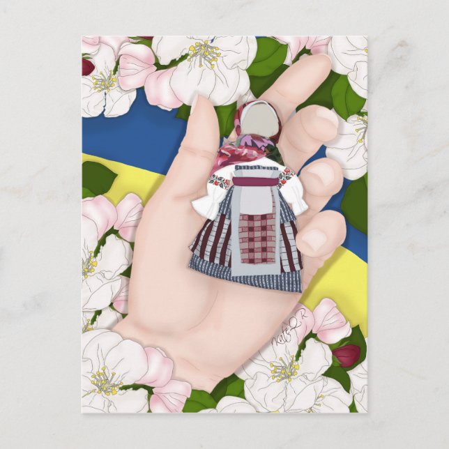 Postal Festiva Muñecas populares ucranianas, Motanka y manzana fl (Anverso)