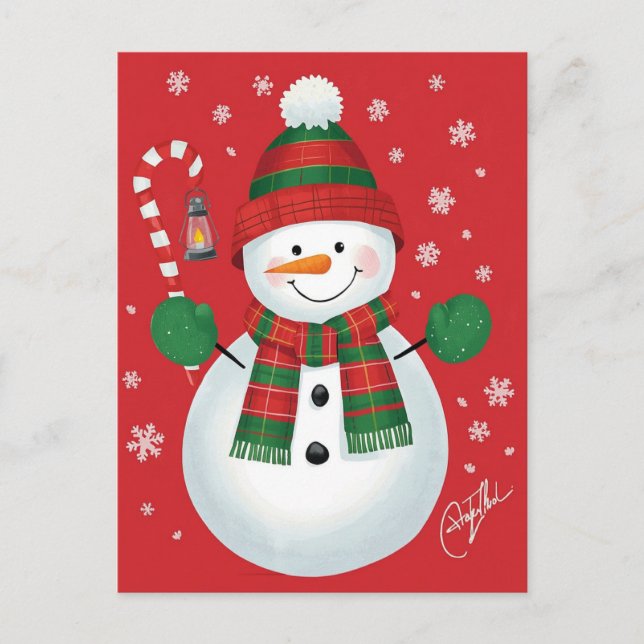 Postal Festiva Muñeco de nieve alegre Bufanda de cuadros roja Nav (Anverso)