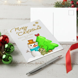 Postal Festiva Muñeco de nieve de dibujos animados, gusano y árbo