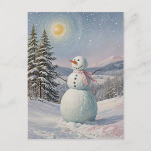 Postal Festiva Muñeco de nieve en el resplandor alpino