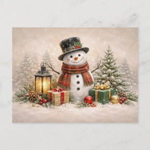 Postal Festiva Muñeco de nieve navideño acogedor con linterna y r
