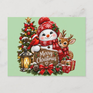 Postal Festiva Muñeco de Nieve Navideño Reno Cardenal Rojo Óxido