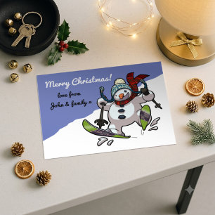 Postal Festiva Muñeco de nieve patinando ¡Feliz Navidad! Mensaje