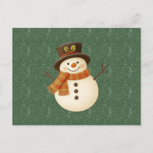 Postal Festiva Muñeco de nieve rústico verde vintage adorable