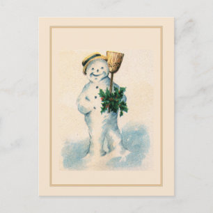 Postal Festiva Muñeco de nieve sonriente Escoba de acebo Navidade