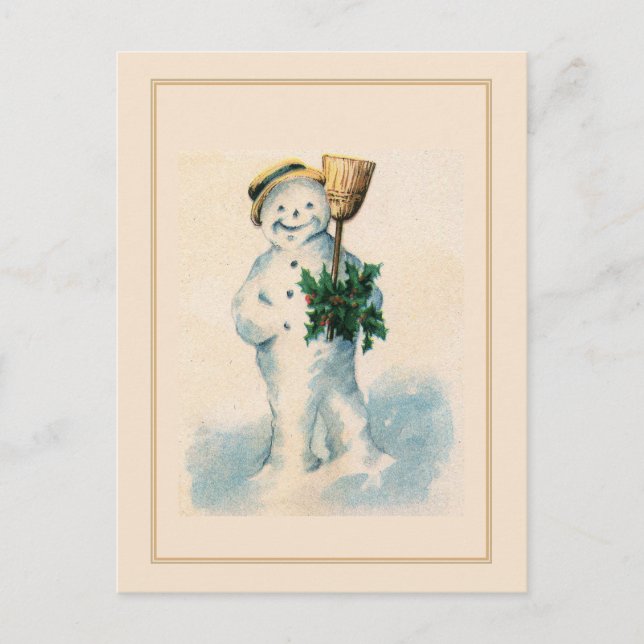 Postal Festiva Muñeco de nieve sonriente Escoba de acebo Navidade (Anverso)