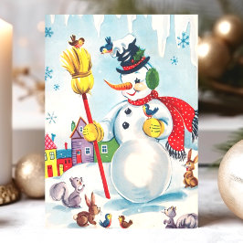 Postal Festiva Muñeco de nieve vintage y animales del bosque Cute
