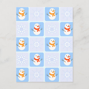 Postal Festiva Muñeco de nieve y copos de nieve con patrón a cuad