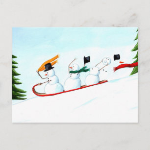 Postal Festiva Muñecos de nieve en un trineo