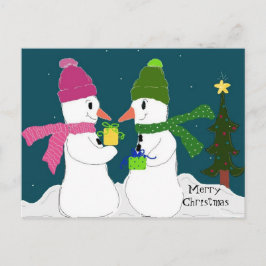 Postal Festiva Muñecos de nieve intercambiando regalos