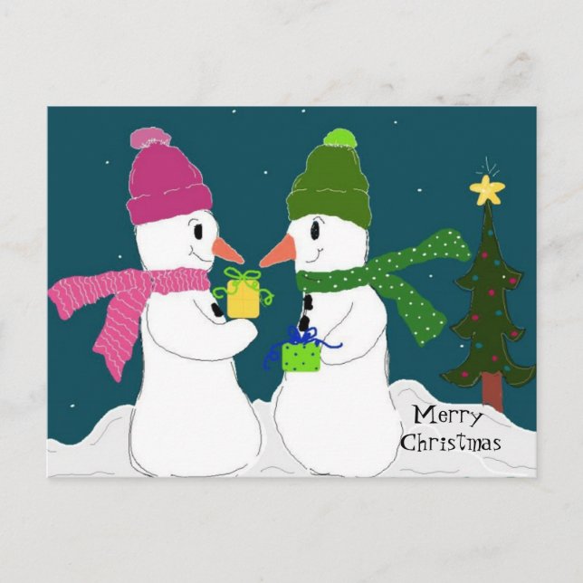Postal Festiva Muñecos de nieve intercambiando regalos (Anverso)