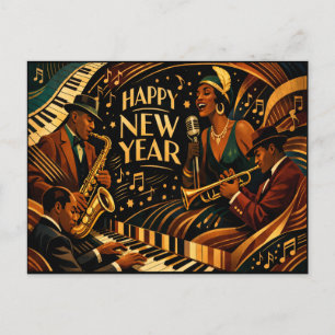 Postal Festiva Música Jazz Art Deco Feliz Año Nuevo